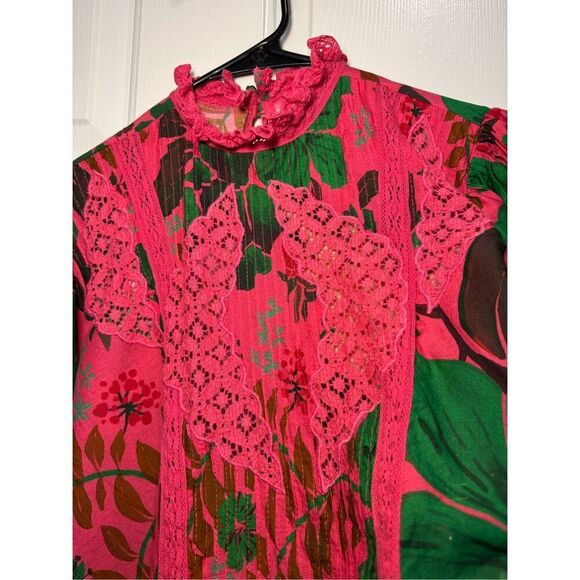 Farm Rio Floral Yard Blush Volumious Puff Half Sleeves High Collar Blouse XS - Picture 6 of 15